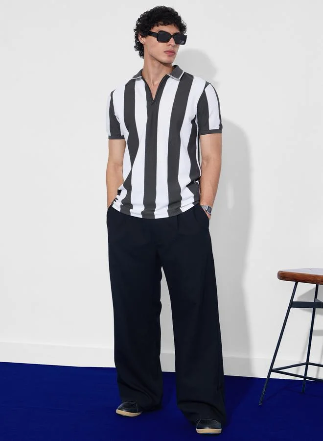 The Souled Store Men Grey Striped Textured Polo