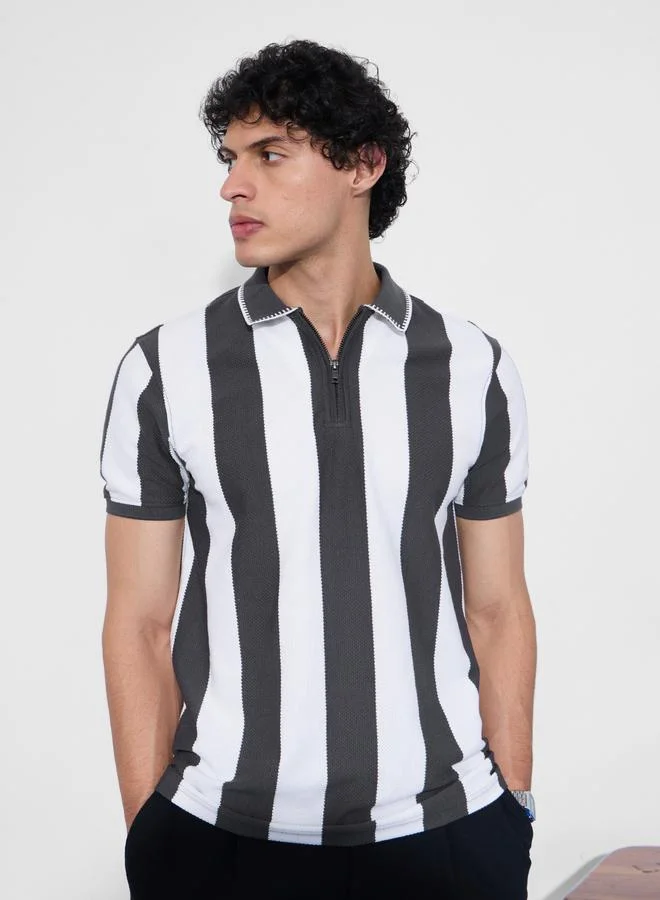 The Souled Store Men Grey Striped Textured Polo