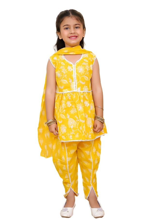 AJ Dezines طقم كورتا شراة بدون أكمام من القطن للأطفال من AJ DEZINES باللون الأصفر للفتيات - ملابس تقليدية للاحتفالات - نمط مزخرف بالأزهار، مقاس عادي (G-1167-YELLOW-3-4Y-22) - Image 1