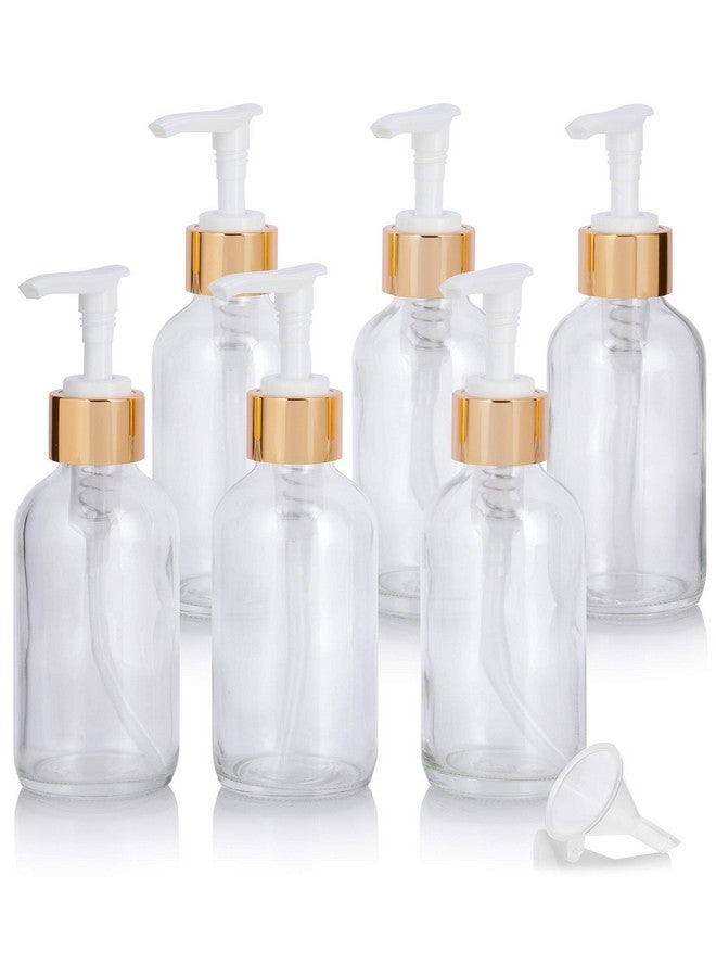 JUVITUS زجاجة مستديرة شفافة من الزجاج المطلي السميك سعة 4 أونصة مع مضخة لوشن ذهبية (عبوة من 6 قطع) + قمع - Image 1