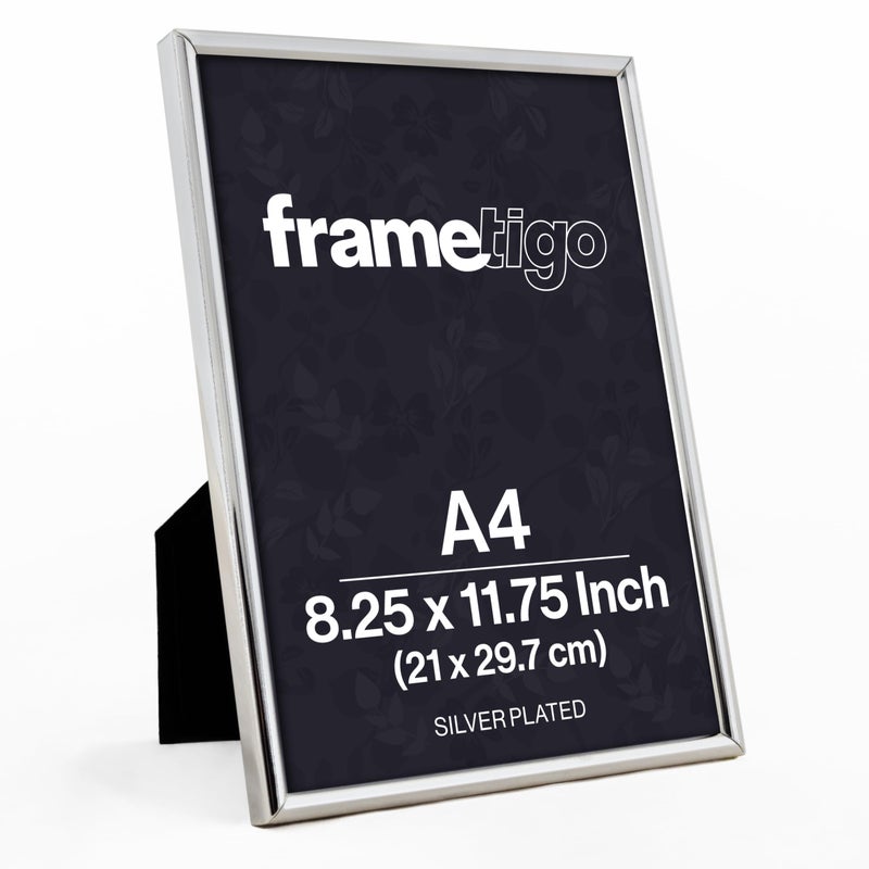 Frametigo  Silver Plated Thin Edge Photo Frame A4825x1175 21x297cm Photo Size  Velvet Frame Backing  Stand  Real Glass Window  TarnishResistant  Landscape or Portrait Orientation