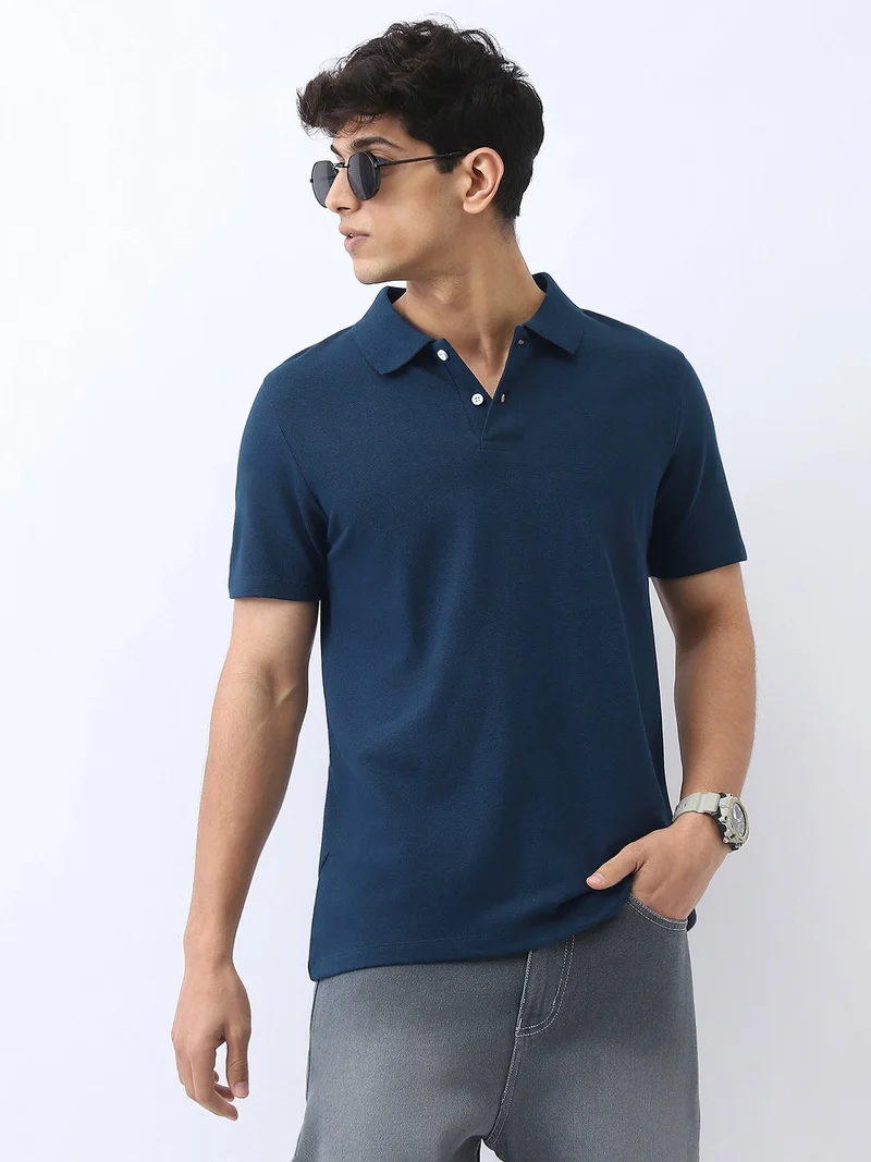 Urbano Fashion Men's Navy Solid Regular Fit Half Sleeve Cotton Polo T-Shirt