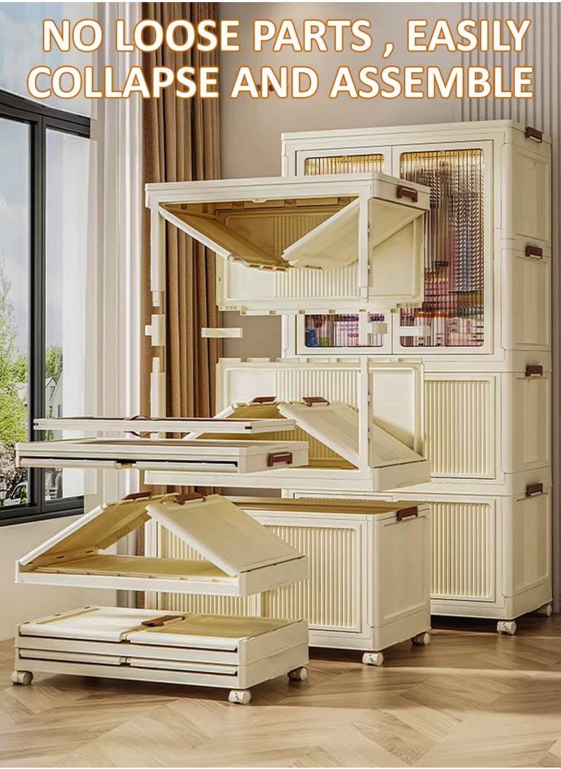 DBLEW - Stackable Kids Wardrobe Armoire with Hanging Rod Portable Foldable Plastic Clothes Storage Cabinet with Hanging Rod And Wheels Closet Locker Transparent Doors Collapsible Baby Clothing Organizer Boxes Children’s Safe Design for Bedrooms Study Living Room Dorm Office Groceries Books Toys Kitchen Utensils Playrooms Nurseries For Girls Boys Multi-Purpose Rack Shelf Shelves Containers Cube Bins 55x96x35cm - Image 1