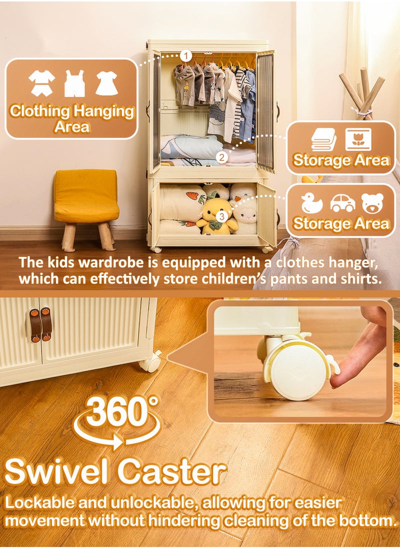 DBLEW - Stackable Kids Wardrobe Armoire with Hanging Rod Portable Foldable Plastic Clothes Storage Cabinet with Hanging Rod And Wheels Closet Locker Transparent Doors Collapsible Baby Clothing Organizer Boxes Children’s Safe Design for Bedrooms Study Living Room Dorm Office Groceries Books Toys Kitchen Utensils Playrooms Nurseries For Girls Boys Multi-Purpose Rack Shelf Shelves Containers Cube Bins 55x96x35cm - Image 1