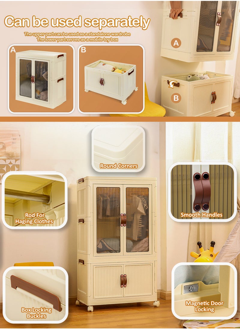 DBLEW - Stackable Kids Wardrobe Armoire with Hanging Rod Portable Foldable Plastic Clothes Storage Cabinet with Hanging Rod And Wheels Closet Locker Transparent Doors Collapsible Baby Clothing Organizer Boxes Children’s Safe Design for Bedrooms Study Living Room Dorm Office Groceries Books Toys Kitchen Utensils Playrooms Nurseries For Girls Boys Multi-Purpose Rack Shelf Shelves Containers Cube Bins 55x96x35cm - Image 1