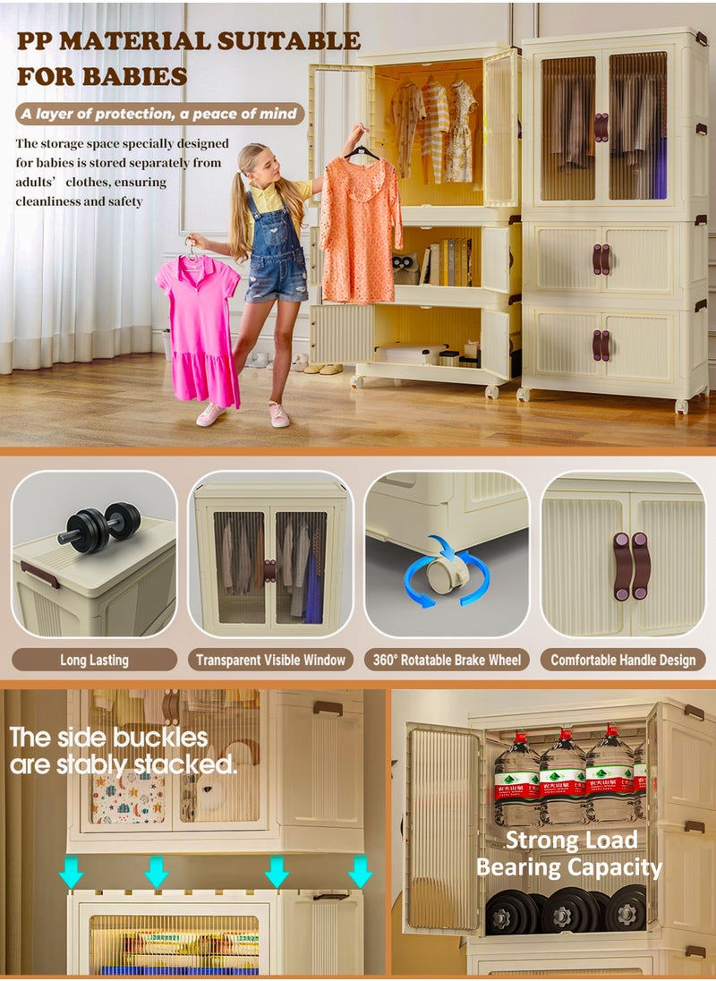 DBLEW - Stackable Kids Wardrobe Armoire with Hanging Rod Portable Foldable Plastic Clothes Storage Cabinet with Hanging Rod And Wheels Closet Locker Transparent Doors Collapsible Baby Clothing Organizer Boxes Children’s Safe Design for Bedrooms Study Living Room Dorm Office Groceries Books Toys Kitchen Utensils Playrooms Nurseries For Girls Boys Multi-Purpose Rack Shelf Shelves Containers Cube Bins 55x96x35cm - Image 1