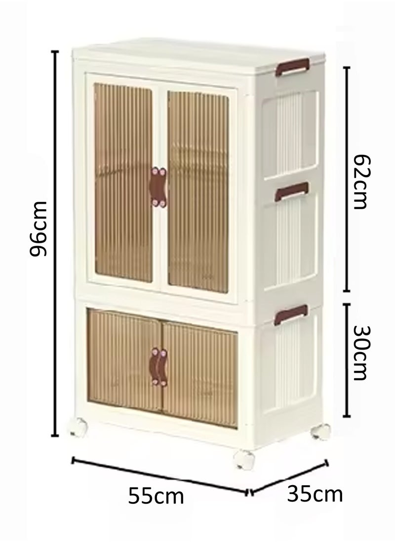 DBLEW - Stackable Kids Wardrobe Armoire with Hanging Rod Portable Foldable Plastic Clothes Storage Cabinet with Hanging Rod And Wheels Closet Locker Transparent Doors Collapsible Baby Clothing Organizer Boxes Children’s Safe Design for Bedrooms Study Living Room Dorm Office Groceries Books Toys Kitchen Utensils Playrooms Nurseries For Girls Boys Multi-Purpose Rack Shelf Shelves Containers Cube Bins 55x96x35cm - Image 1