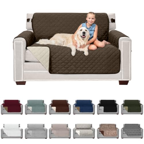 Sofa Shield غطاء أريكة شيلد لوفسييت مع حزام مسجل ببراءة اختراع، واقي وسادة، تصميم أمريكي قابل للعكس مقاوم للبقع وتمزق الكلاب، مقعد 54 بوصة، أغطية قابلة للغسل للكلاب والحيوانات الأليفة، بني شوكولاتة بيج - Image 1
