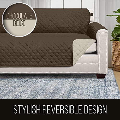Sofa Shield غطاء أريكة شيلد لوفسييت مع حزام مسجل ببراءة اختراع، واقي وسادة، تصميم أمريكي قابل للعكس مقاوم للبقع وتمزق الكلاب، مقعد 54 بوصة، أغطية قابلة للغسل للكلاب والحيوانات الأليفة، بني شوكولاتة بيج - Image 5