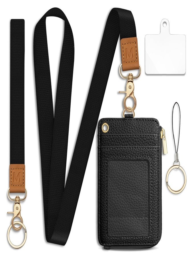 Mavellin Lanyard Wallet with Id Badge Holder, Black RFID Small Keychain Wallet Women Wristlet, Minimalist Zipper Credit Card Holder Phone Wrist Neck Strap for Key Name Tag, Teacher Student Office Gift - Image 1