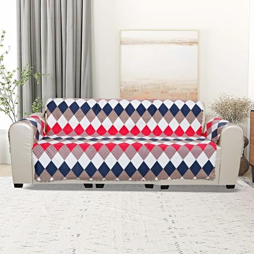 KINGLY Velvet 5 Seater Quilted Digital Printed Sofa Cover Pink Passion, Pink and Blue3+1+1 - Image 1