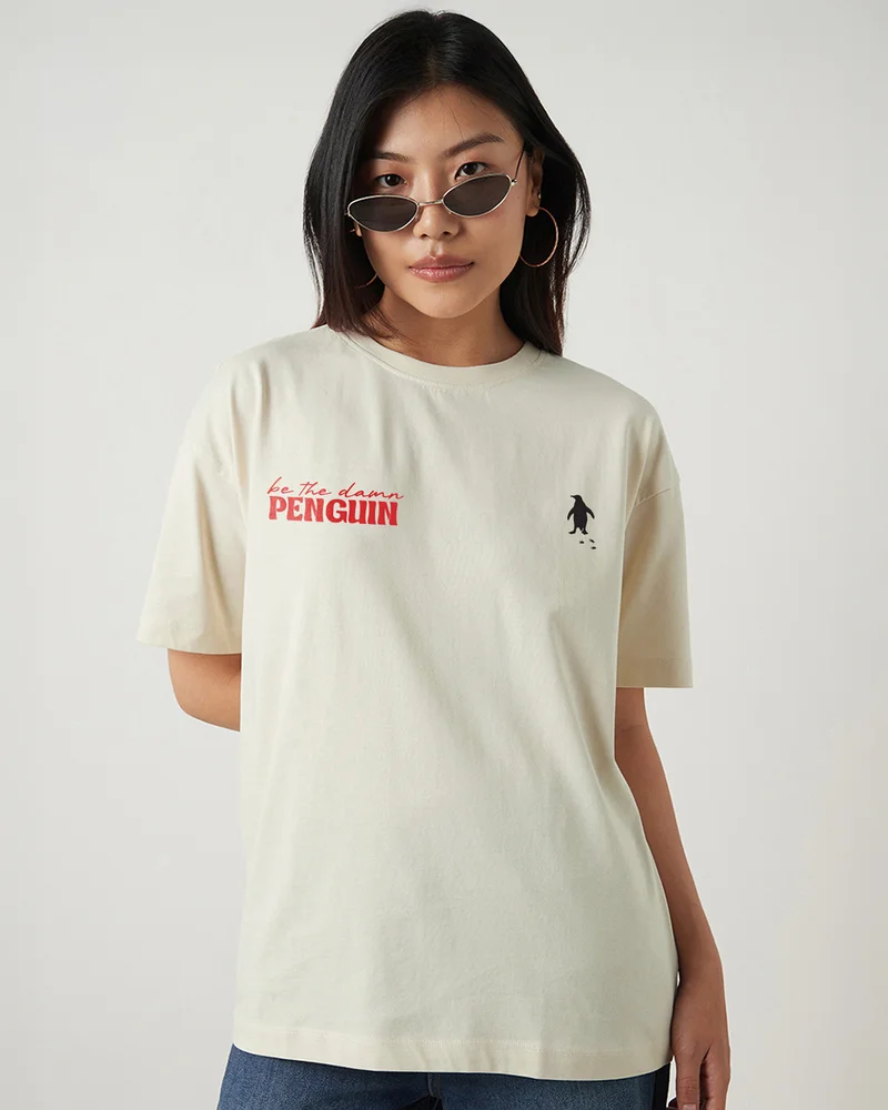 بيواكوف Women's Off White Be The Penguin Graphic Printed Oversized T-shirt