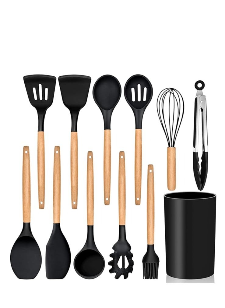 E-far - Kitchen Utensils Set of 12, Silicone Cooking Utensils with Holder, Non-stick Cookware Friendly & Heat Resistant, Includes Spatula Tong Whisk Ladle Brush Slotted Turner Spoon(Black) - Image 1