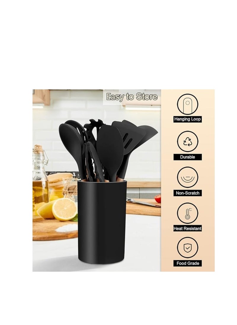 E-far - Kitchen Utensils Set of 12, Silicone Cooking Utensils with Holder, Non-stick Cookware Friendly & Heat Resistant, Includes Spatula Tong Whisk Ladle Brush Slotted Turner Spoon(Black) - Image 1