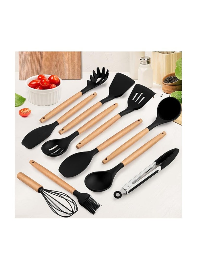 E-far - Kitchen Utensils Set of 12, Silicone Cooking Utensils with Holder, Non-stick Cookware Friendly & Heat Resistant, Includes Spatula Tong Whisk Ladle Brush Slotted Turner Spoon(Black) - Image 1