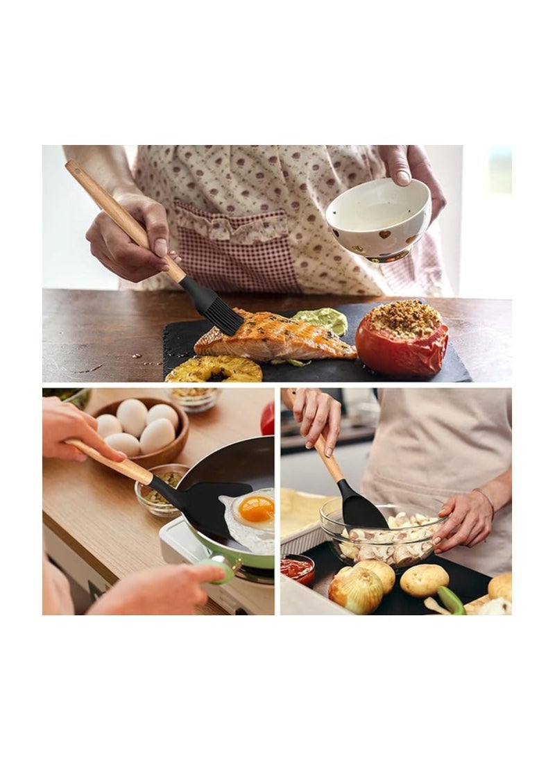 E-far - Kitchen Utensils Set of 12, Silicone Cooking Utensils with Holder, Non-stick Cookware Friendly & Heat Resistant, Includes Spatula Tong Whisk Ladle Brush Slotted Turner Spoon(Black) - Image 1
