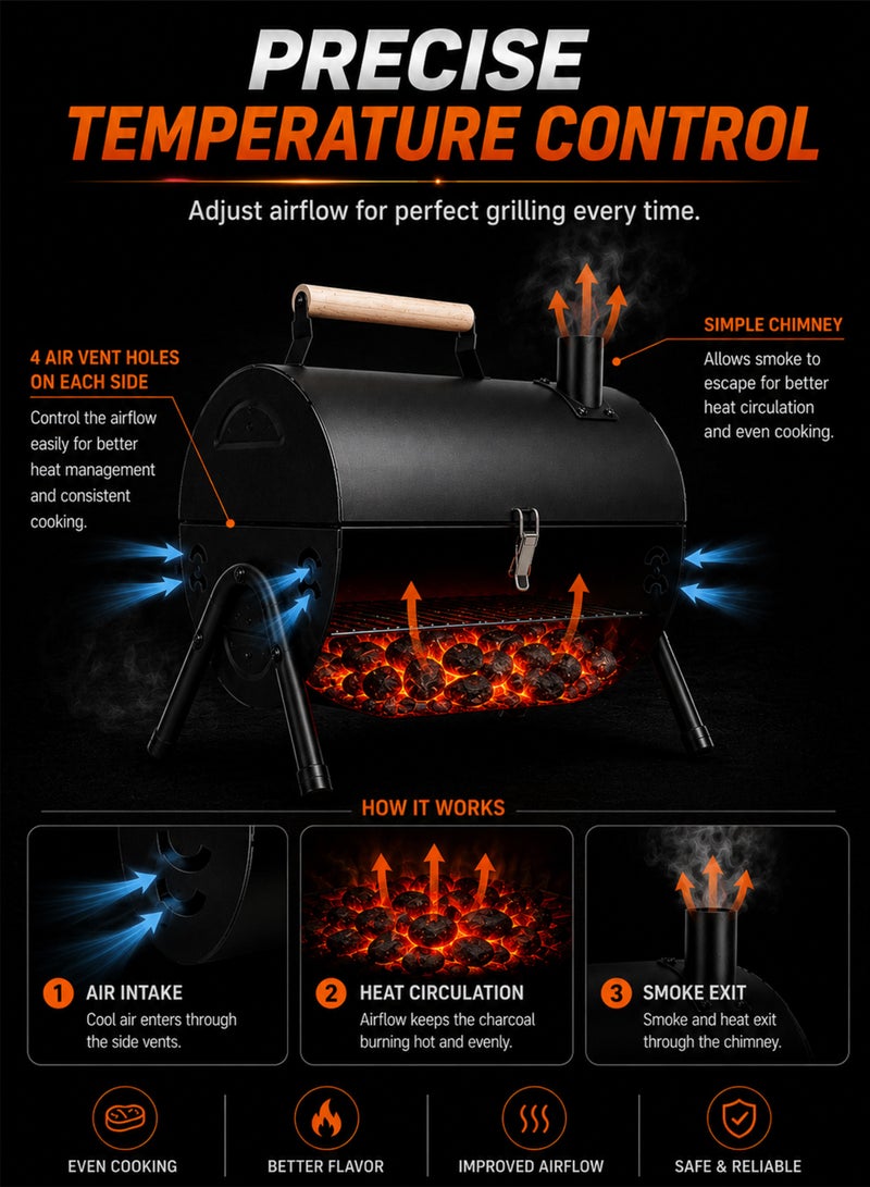 Toshionics 2-in-1 Portable Charcoal BBQ Grill with Lid & Chimney, Foldable Tabletop Barbecue Grill, Stainless Steel Grill Grates, Mini Charcoal Smoker for Camping, Picnic, Garden, Patio & Backyard Outdoor Cooking - Image 5