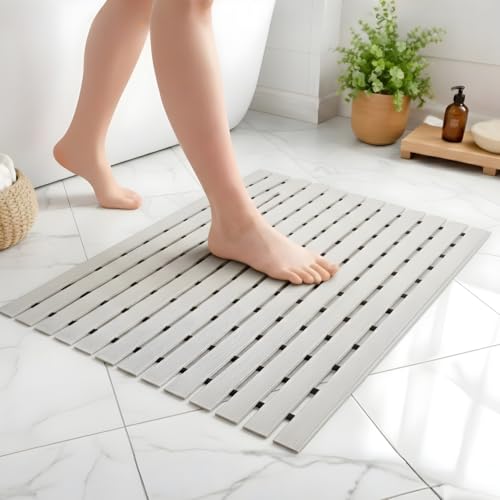 Eurotex Rectangular Shower Mat Non Slip for Bathroom, Anti Skid Bathtub Mat (Plastic Stripped- Rubber Base, 46cm x 61cm)- Grey - Image 1