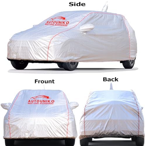 AUTOUNIKO Waterproof Car Body Cover Compatible with Tata Punch with Mirror and Antena Pocket and Soft Cotton Lining (Fully Bottom Elastic Triple Stitched) (Metallic Silver with Red Piping) - Image 3