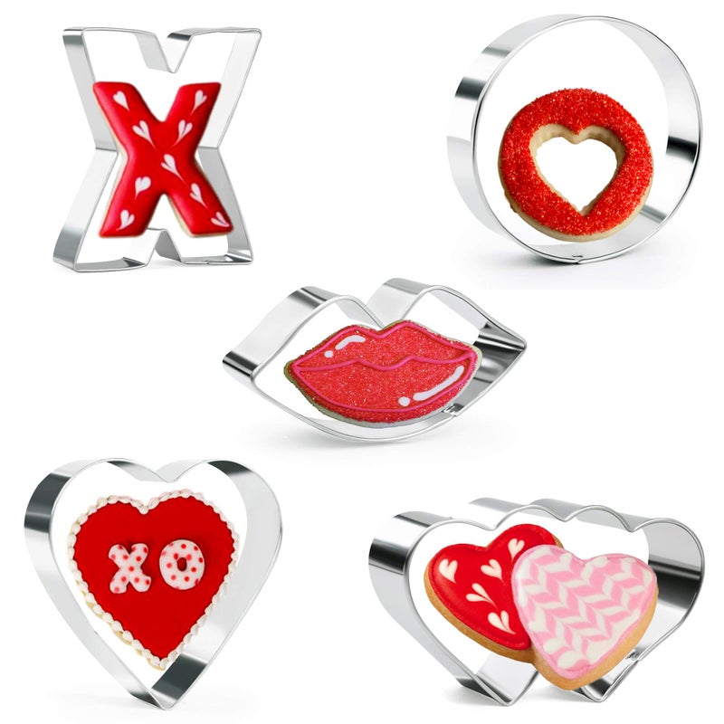 KAISHANE Valentine's Day Cookie Cutter Set-Lips  Double Heart  Heart  Letter X Letter O-5 Pieces Wedding Valentine Day Fondant Pastry Baking Cookie Cutter Set. - Image 1