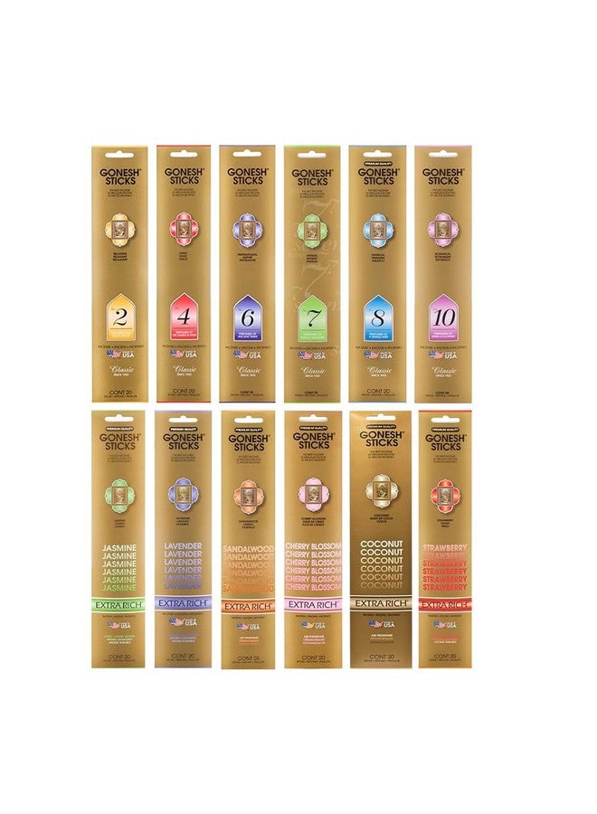 Gonesh - Incense Sticks Variety Pack - Non-Toxic 10” Slow Burn Aromatic Sticks - Classic Collection & Extra Rich Collection - 12 Packs Of 20 Sticks - Image 1