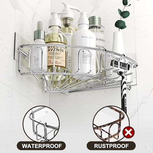 Orimade Corner Shower Caddy Stainless Steel with Hooks Wall Mounted Bathroom Shelf Storage Organizer Adhesive No Drilling 2 Pack, Silver Only for 90-Degree Corner - Image 2