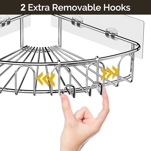 Orimade Corner Shower Caddy Stainless Steel with Hooks Wall Mounted Bathroom Shelf Storage Organizer Adhesive No Drilling 2 Pack, Silver Only for 90-Degree Corner - Image 4