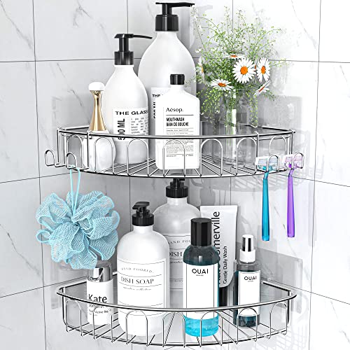 Orimade Corner Shower Caddy Stainless Steel with Hooks Wall Mounted Bathroom Shelf Storage Organizer Adhesive No Drilling 2 Pack, Silver Only for 90-Degree Corner - Image 1