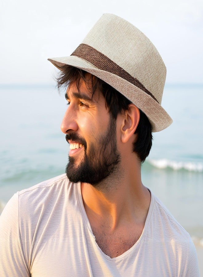 Lisianthus Fedora Hat for Men Panama Trilby Hat Short Brim Summer Sun Hat Beige with Coffee Band - Image 2