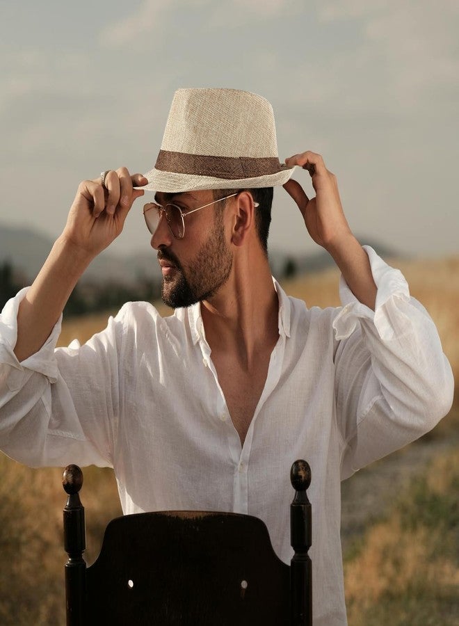 Lisianthus Fedora Hat for Men Panama Trilby Hat Short Brim Summer Sun Hat Beige with Coffee Band - Image 3