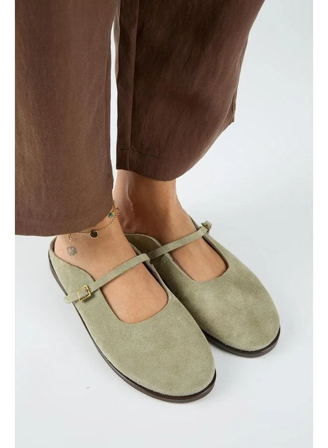 Felicia Women's Genuine Leather Plain Elegant Buckle Aqua Green Slippers.