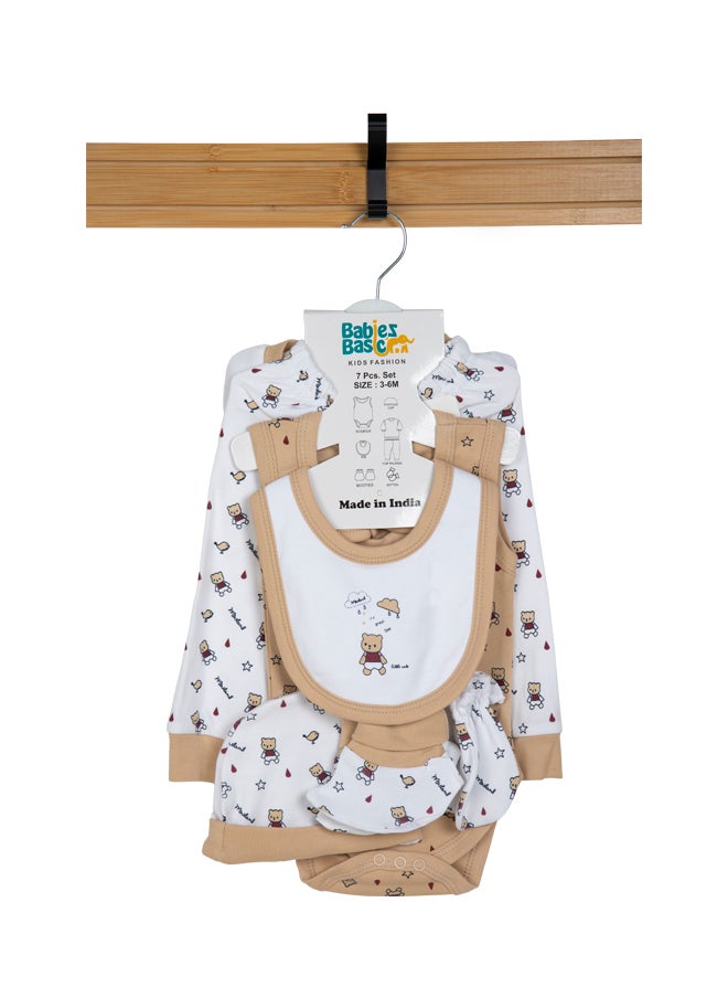 Babies Basic 7 Piece Unisex 100% Cotton Set Include Bib, Socks, Mitten, Cap, Romper, Top And Bottom Set, Brown  - Image 1