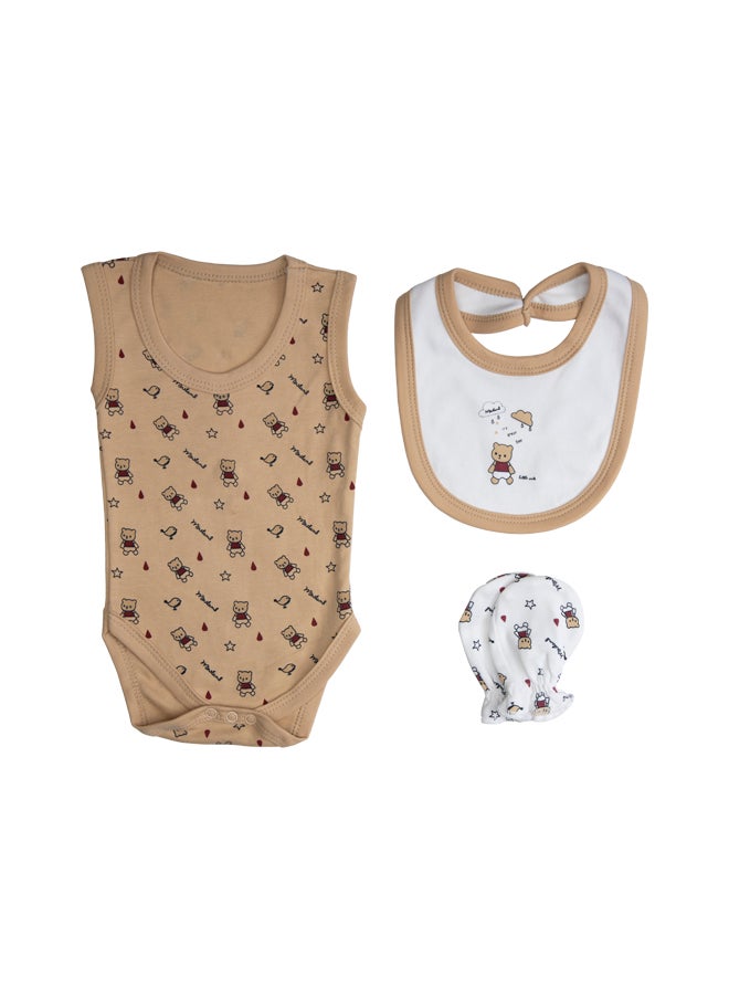 Babies Basic 7 Piece Unisex 100% Cotton Set Include Bib, Socks, Mitten, Cap, Romper, Top And Bottom Set, Brown  - Image 4