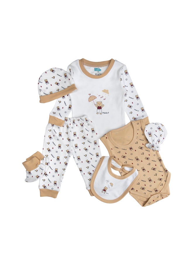 Babies Basic 7 Piece Unisex 100% Cotton Set Include Bib, Socks, Mitten, Cap, Romper, Top And Bottom Set, Brown  - Image 2
