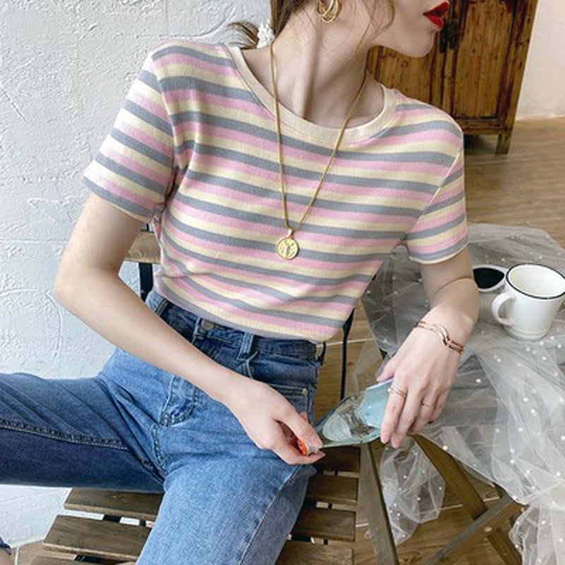 Internet Celebrant Striped Short Sleeve T-Shirt Women'S 2025 Women'S Slim Fit Top Students Korean Base Shirt - Image 3