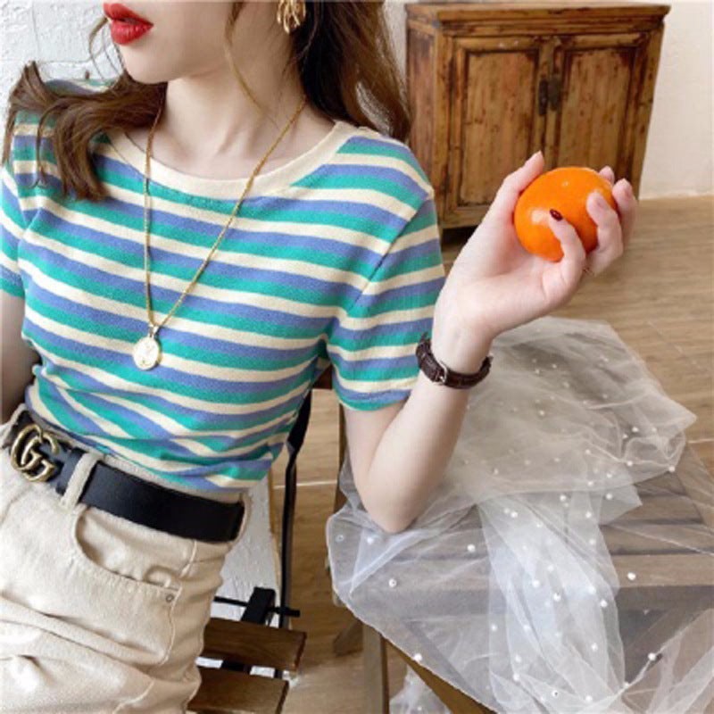 Internet Celebrant Striped Short Sleeve T-Shirt Women'S 2025 Women'S Slim Fit Top Students Korean Base Shirt - Image 4