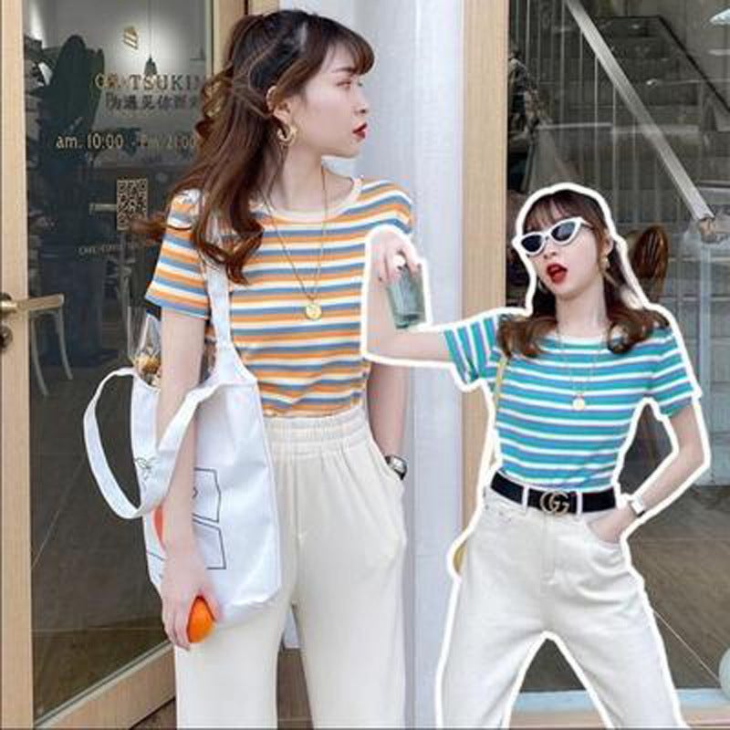 Internet Celebrant Striped Short Sleeve T-Shirt Women'S 2025 Women'S Slim Fit Top Students Korean Base Shirt - Image 5