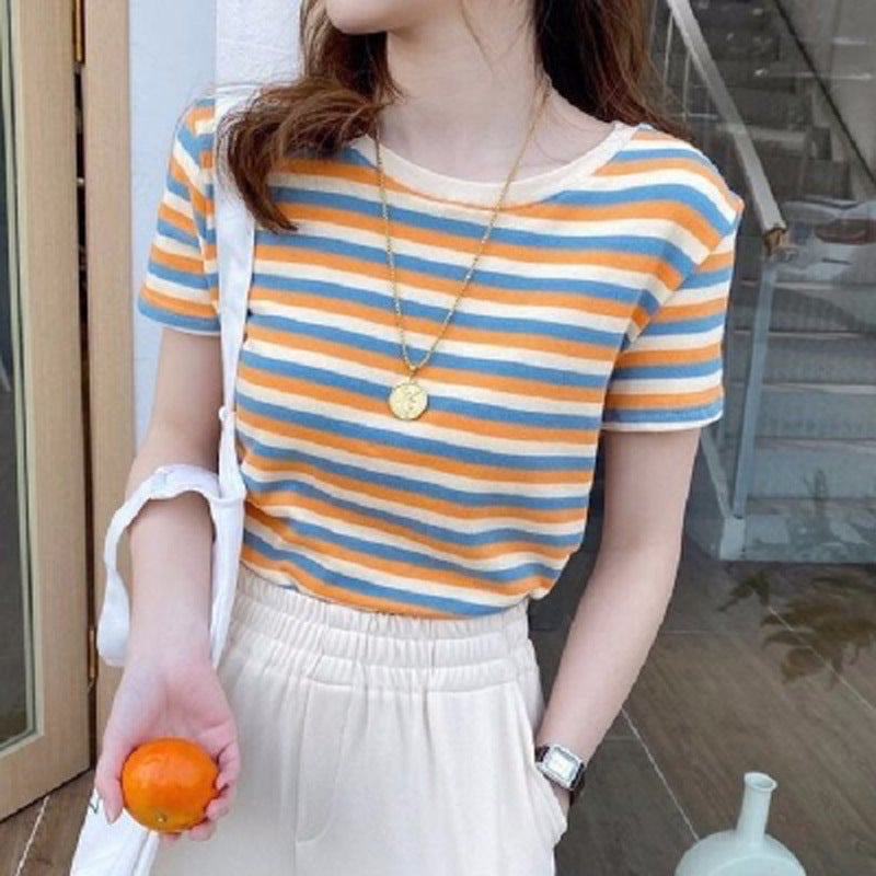 Internet Celebrant Striped Short Sleeve T-Shirt Women'S 2025 Women'S Slim Fit Top Students Korean Base Shirt - Image 2