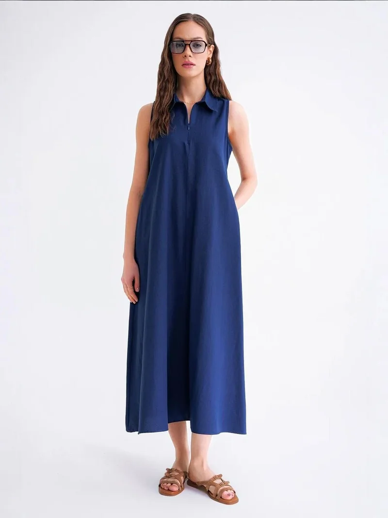 MixRay Mixray Zip-Front Shirt Collar Midi Dress