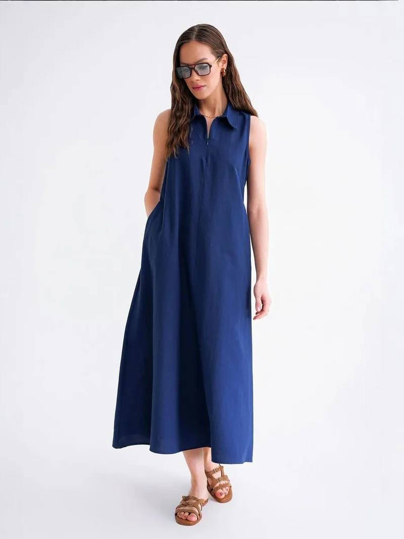 MixRay Mixray Zip-Front Shirt Collar Midi Dress