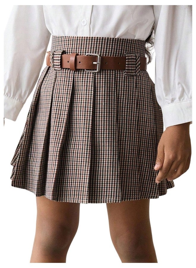 ميك ميشيك تنورة قصيرة كاروهات مطوية من MakeMeChic للأطفال الصغار، بتصميم A-Line وحزام، لون بني قهوة، مقاس 5T - Image 1