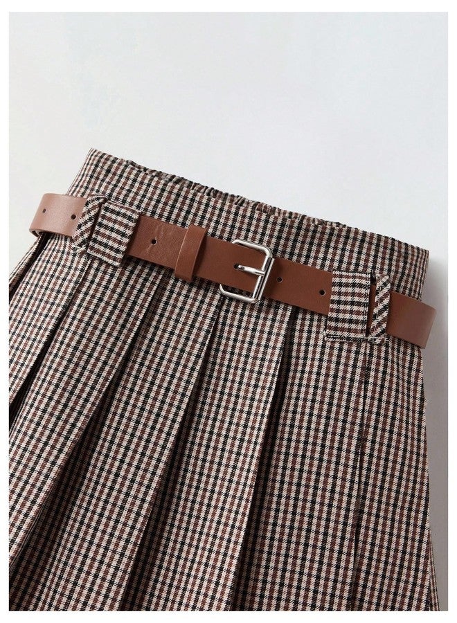 ميك ميشيك تنورة قصيرة كاروهات مطوية من MakeMeChic للأطفال الصغار، بتصميم A-Line وحزام، لون بني قهوة، مقاس 5T - Image 4