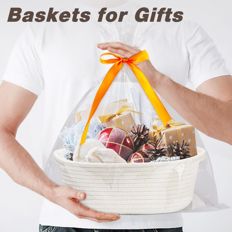MZ Woven Basket with Gift Bags and Ribbons Durable Baskets for Gifts Empty Small Rope Basket for Storage 12"X 8" X 5" Baby Toy Basket with Handles,White - Image 3