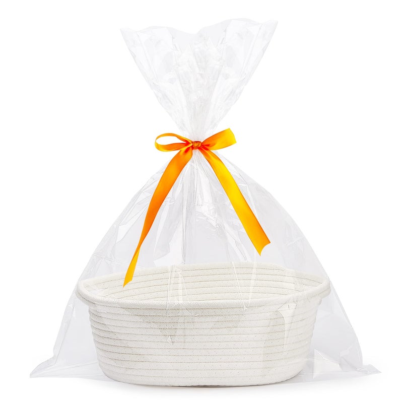 MZ Woven Basket with Gift Bags and Ribbons Durable Baskets for Gifts Empty Small Rope Basket for Storage 12"X 8" X 5" Baby Toy Basket with Handles,White - Image 1
