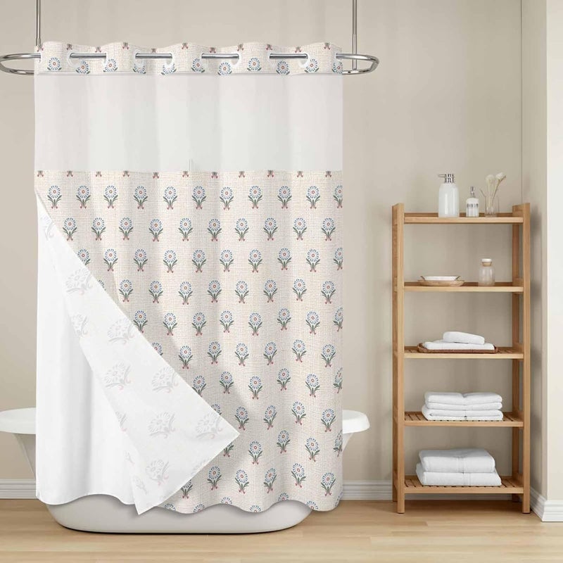 No Hook Shower Curtain and Liner Set, Bohemia Snap in Shower Curtain Set, Modern Abstarct Floral Flowers Boho Beige Waterproof Fabric Bathroom Curtain with See Through Top Window 72"x84" - Image 2