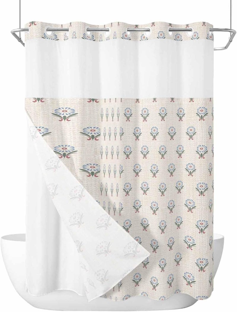 No Hook Shower Curtain and Liner Set, Bohemia Snap in Shower Curtain Set, Modern Abstarct Floral Flowers Boho Beige Waterproof Fabric Bathroom Curtain with See Through Top Window 72"x84" - Image 1