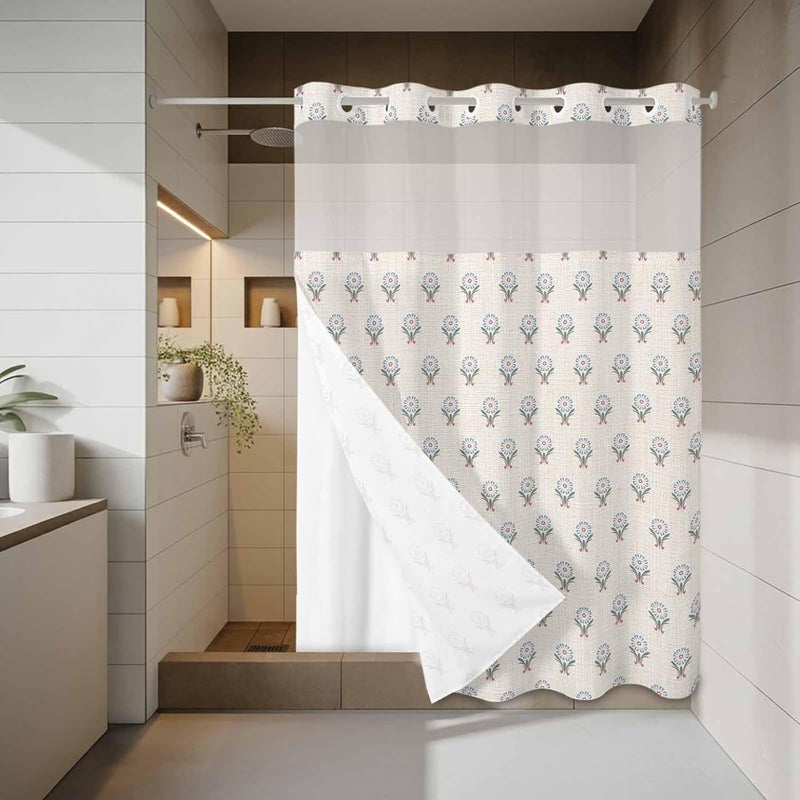 No Hook Shower Curtain and Liner Set, Bohemia Snap in Shower Curtain Set, Modern Abstarct Floral Flowers Boho Beige Waterproof Fabric Bathroom Curtain with See Through Top Window 72"x84" - Image 3
