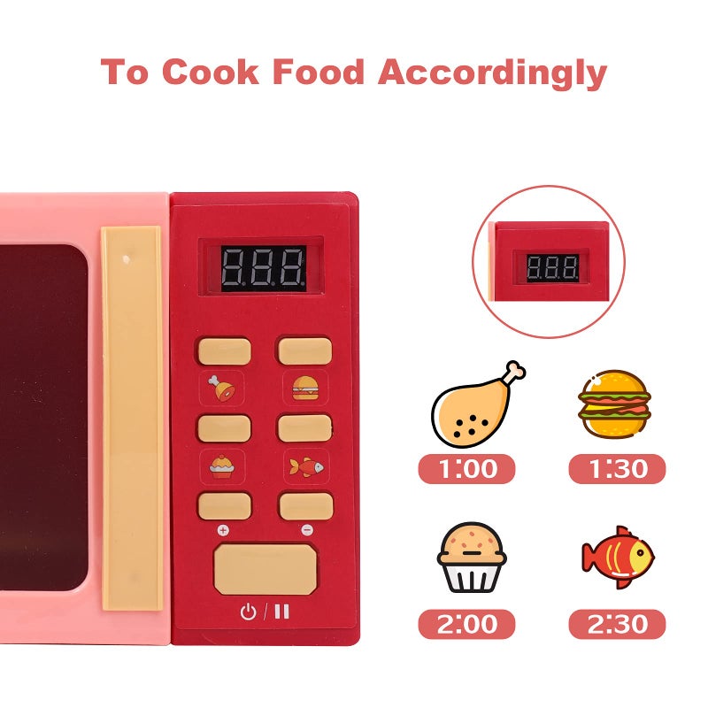 Cuterabit Toy Microwave Oven Playset with Light and Sound, Toy Kitchen Appliances for Kids, Play Kitchen Accessories and Toy Food for Toddlers 3 Year Old Up Girls Boys, Red - Image 3