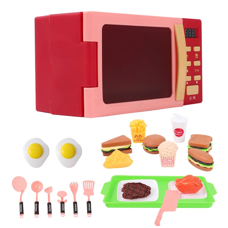 Cuterabit Toy Microwave Oven Playset with Light and Sound, Toy Kitchen Appliances for Kids, Play Kitchen Accessories and Toy Food for Toddlers 3 Year Old Up Girls Boys, Red - Image 1