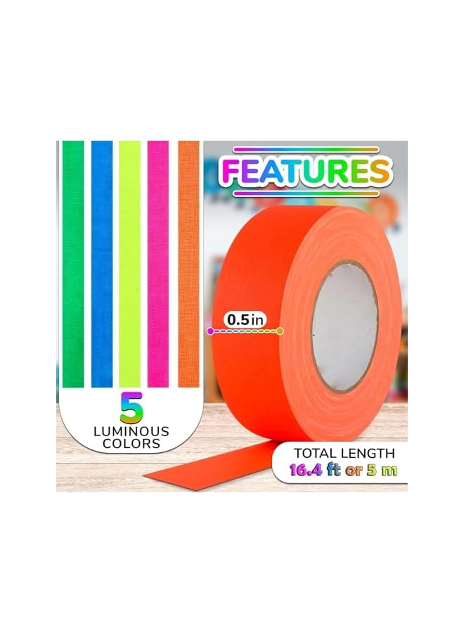 PROMASS promass Glow X Fluorescent neon Gaffer Tape - 5 Pack. Cloth matt Finish is Reactive Under UV Blacklight. for Glow Parties and Art Projects. Each roll is 18 feet by .5 inches,  - Image 2